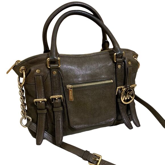 MICHAEL KORS Dark Olive Green Leather Belted Trim MCGRAW Slim Satchel w/Strap - Picture 1 of 16